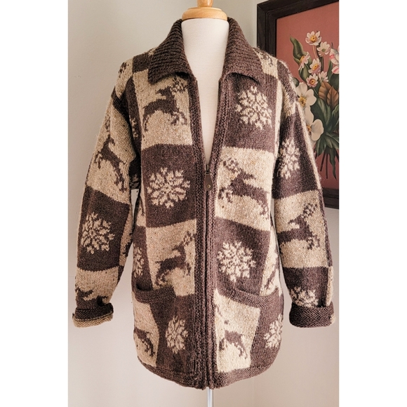 Vintage Wool Cowichan Style Sweater Wool Zip Front w/ Neutral Winter Patchwork - Picture 8 of 15